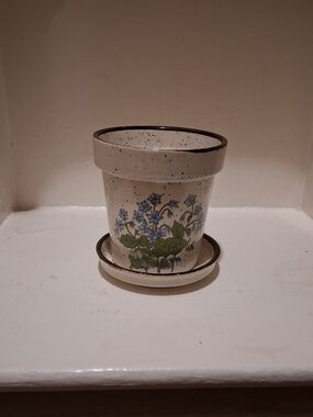 Vintage Japanese Speckled Stoneware Planter With Saucer